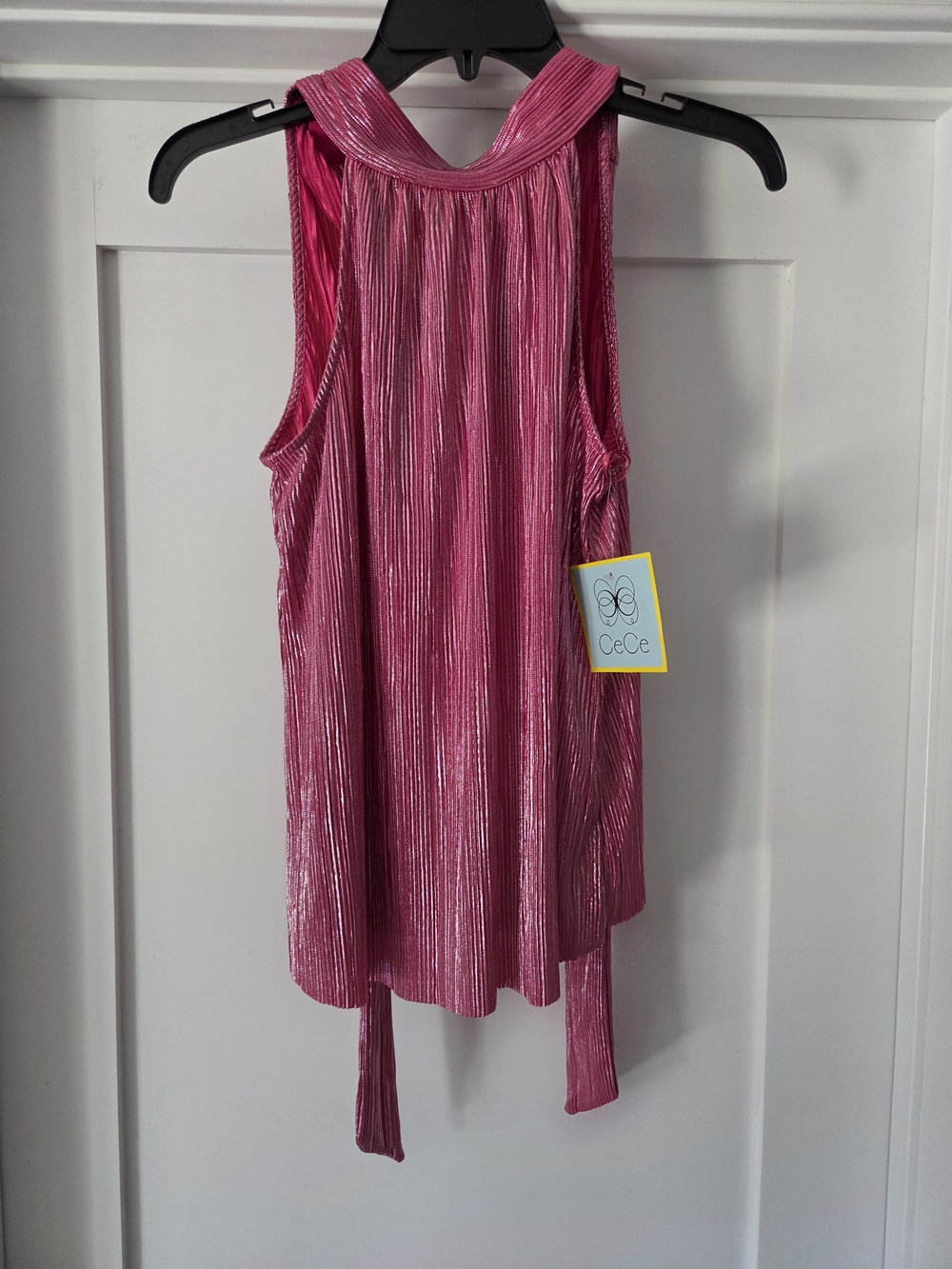 CeCe Metallic Rose-Pink Pleated Halter Top